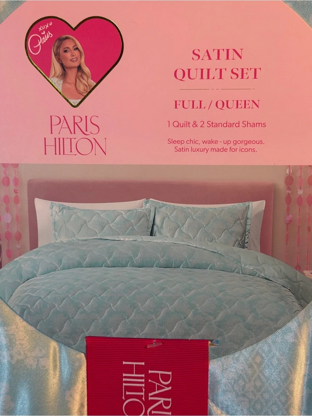 Paris Hilton NWT Sleep Chic Blue & White Satin Floral Full/Queen Quilt Set